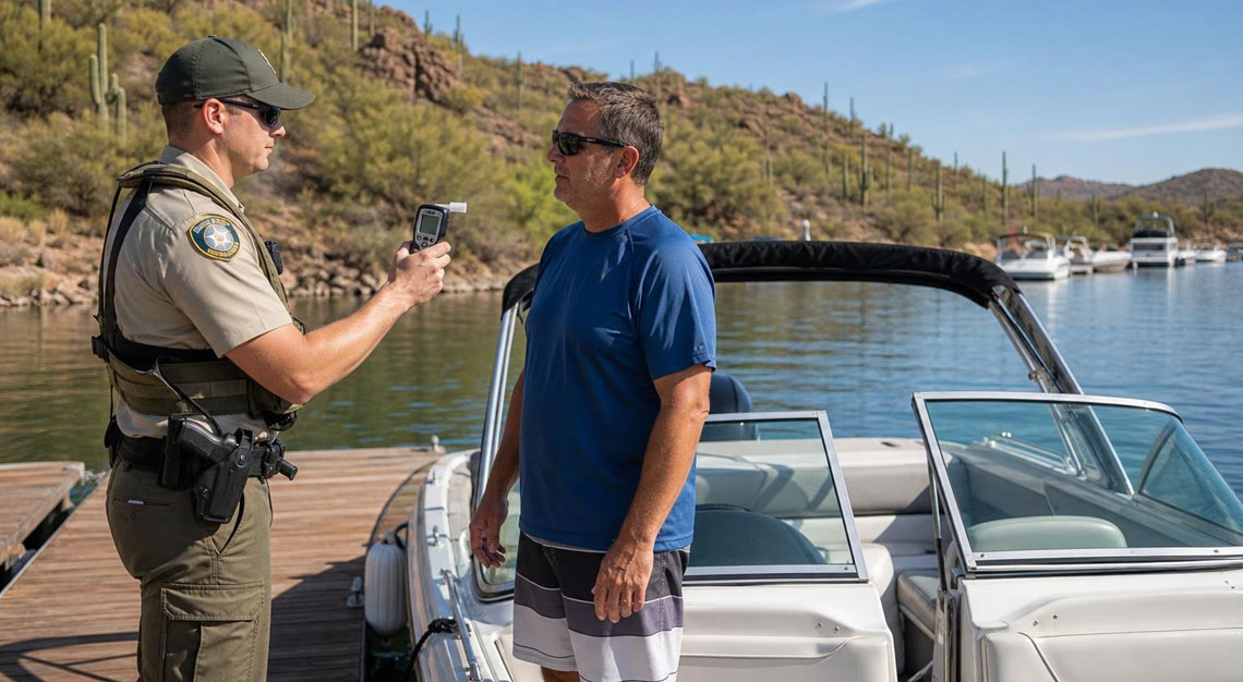 A law enforcement officer talks to a man beside a motorboat at a lake with desert hills in the background.