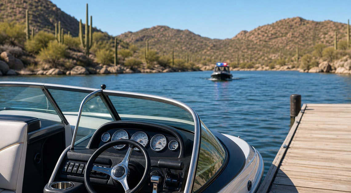 A motorboat docked at a wooden pier on a lake in Arizona with a police boat approaching in the distance and desert hills in the background.