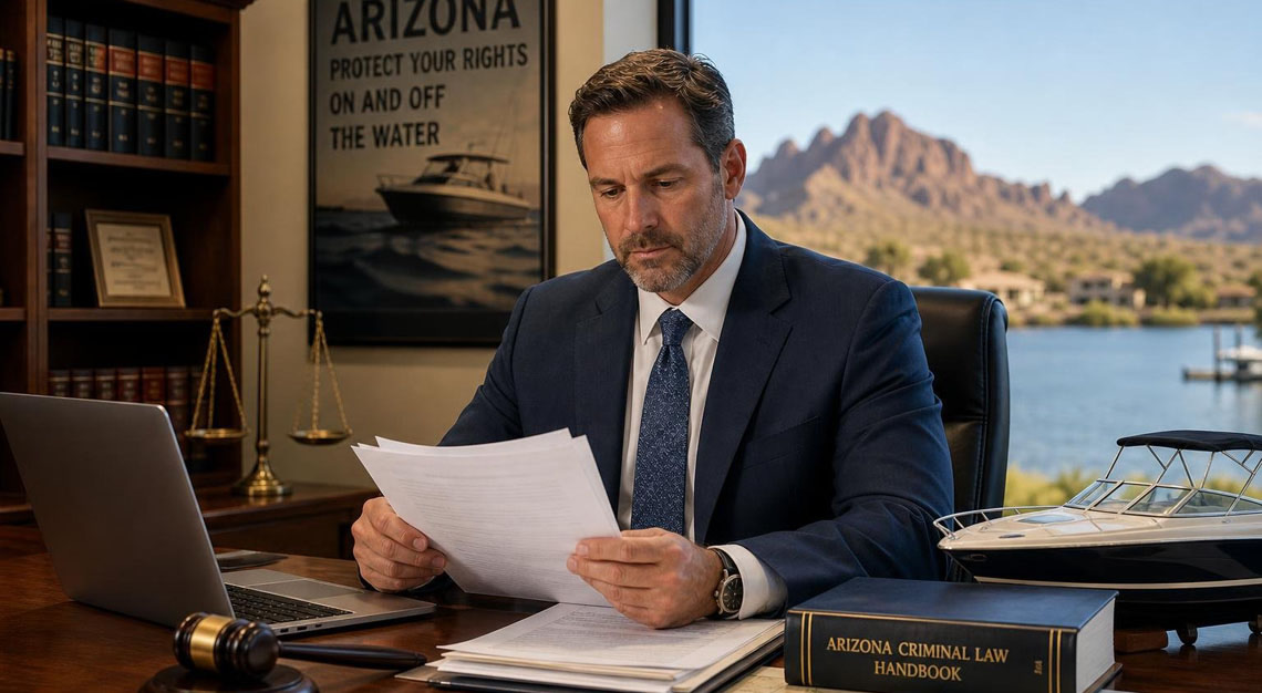 A confident attorney in a modern office reviewing legal documents with a model boat and a window showing a sunny lake in Arizona.