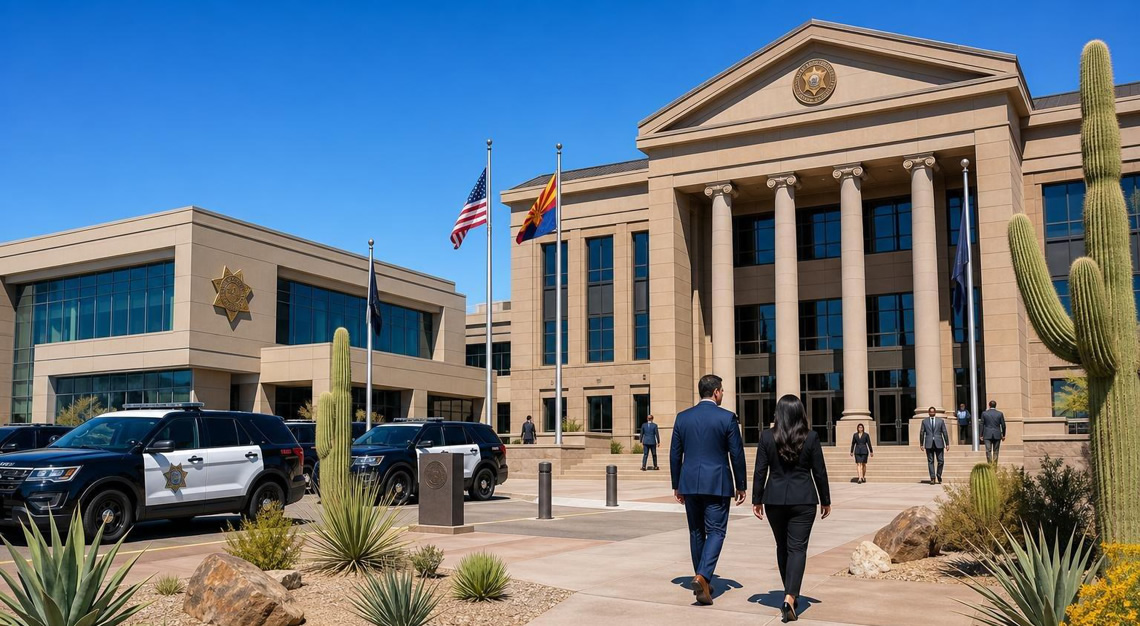 Exterior view of Arizona government buildings including a courthouse and law enforcement facility with desert landscaping and people nearby.