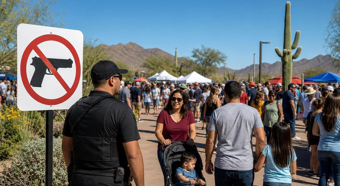 People attending a public outdoor event in Arizona with security personnel and desert landscape in the background.
