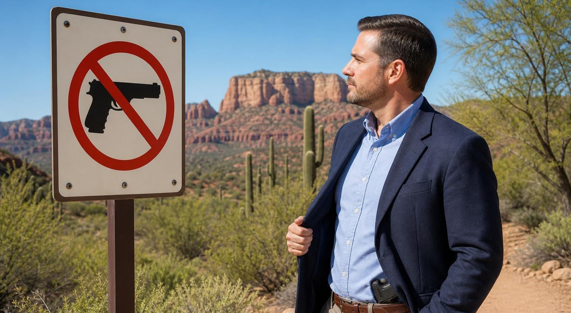An adult standing near a no firearms allowed sign in an Arizona desert landscape, carrying a concealed handgun under a jacket.