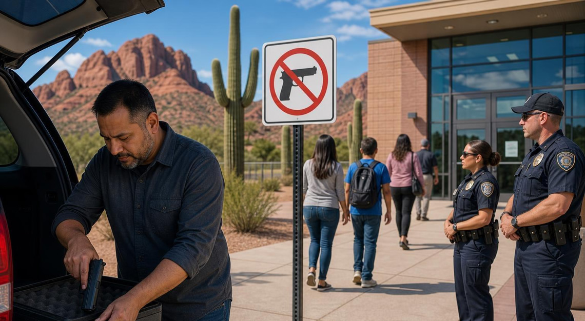 People near a government building in Arizona with law enforcement officers present, showing respect for firearm restrictions in a public area.