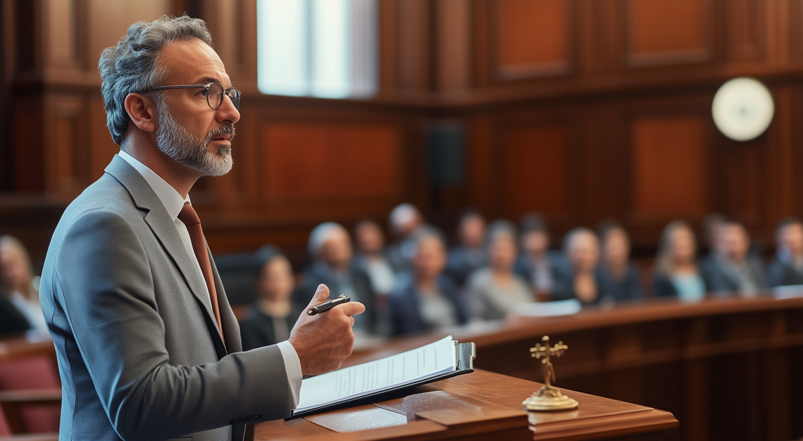 well dressed lawyer speaking in court