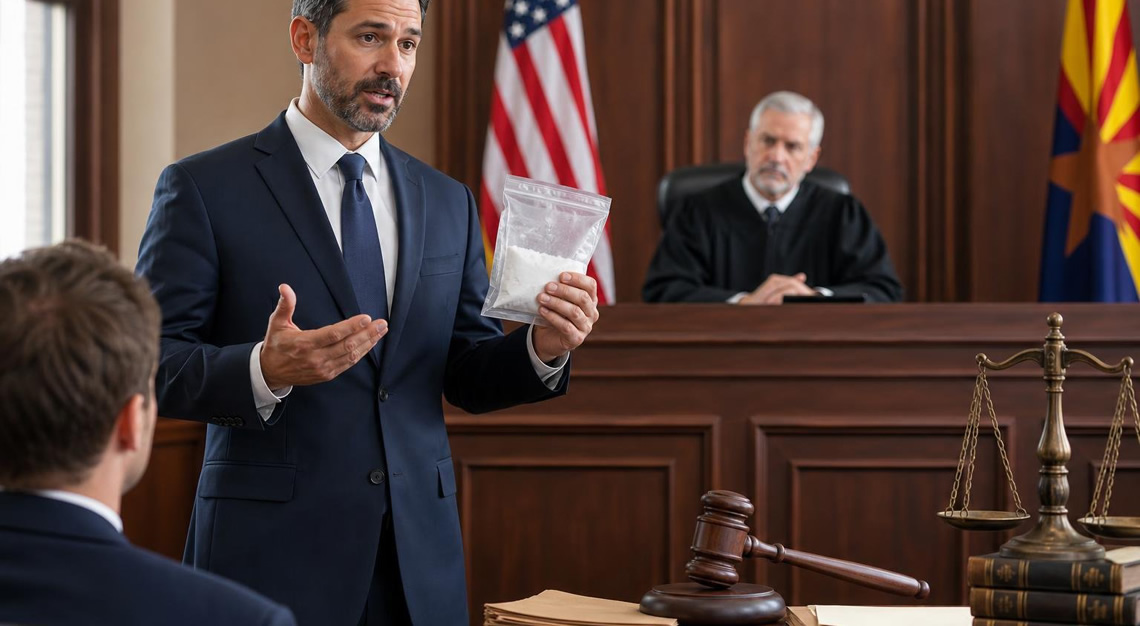 A courtroom scene with a judge's bench, Arizona and American flags, a lawyer speaking, and legal symbols like a gavel and law books.