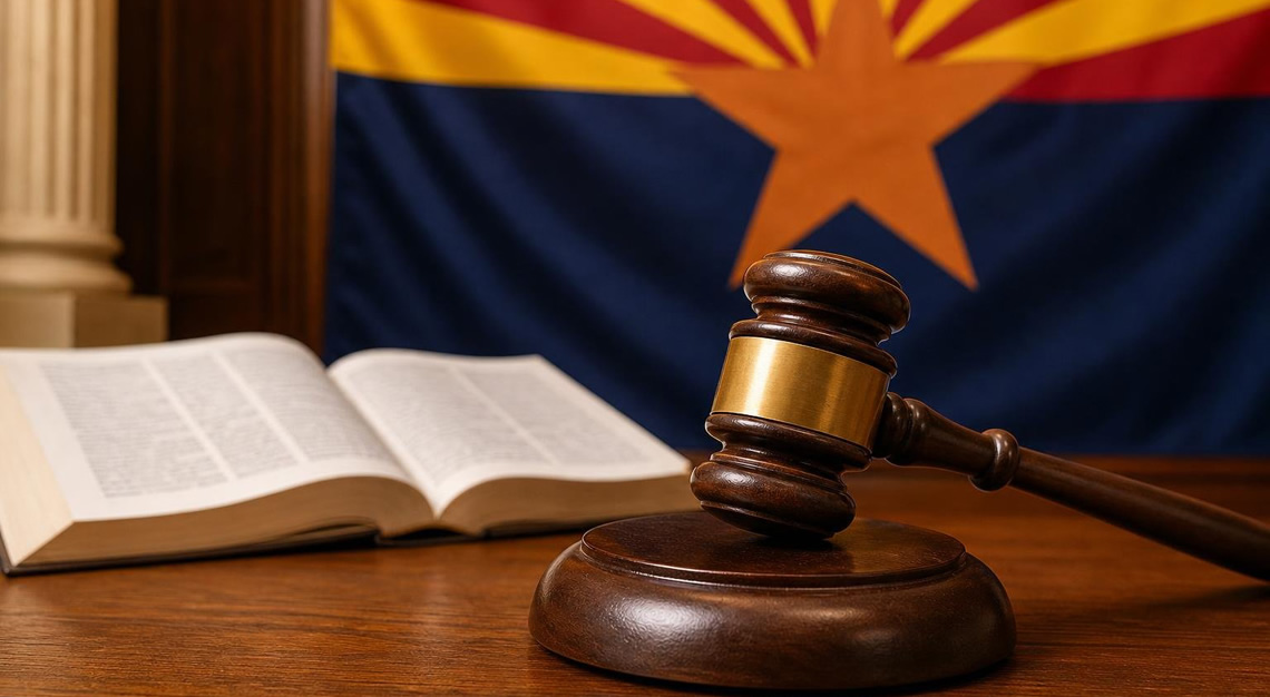 A gavel on a wooden judge's bench with the Arizona state flag and an open law book in the background.
