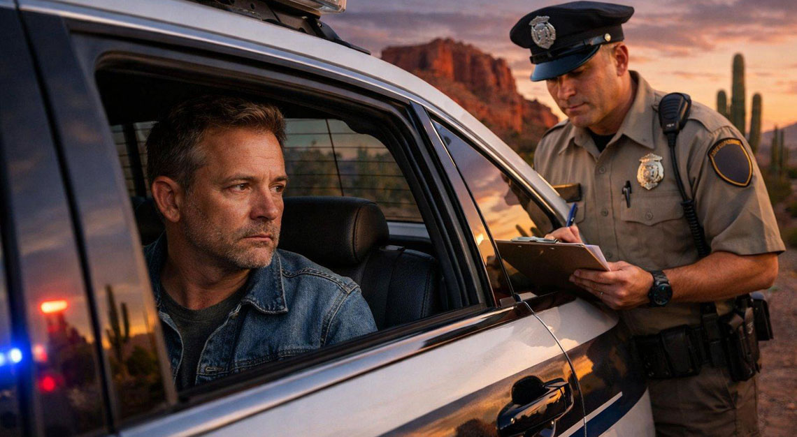 A man sitting in the backseat of a police car with an officer standing outside, set against an Arizona desert landscape at sunset.