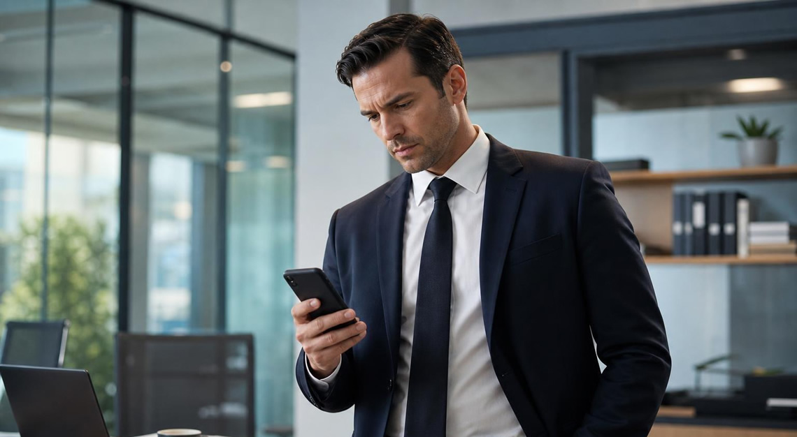 A federal agent in a suit holding a smartphone in a modern office, looking at the screen thoughtfully.