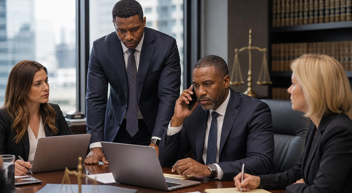 A group of criminal defense attorneys in a modern office discussing legal matters, one speaking on a smartphone.