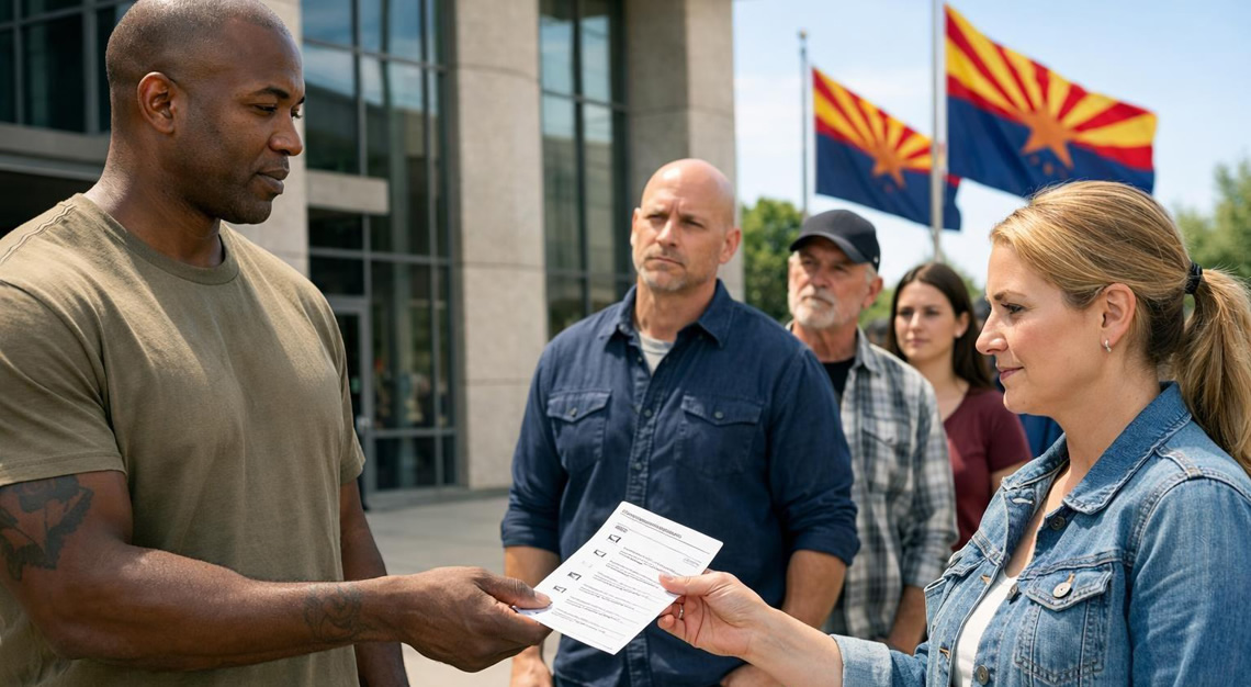 A diverse group of adults outside a government building with Arizona flags, some holding voting ballots and waiting in line to vote.