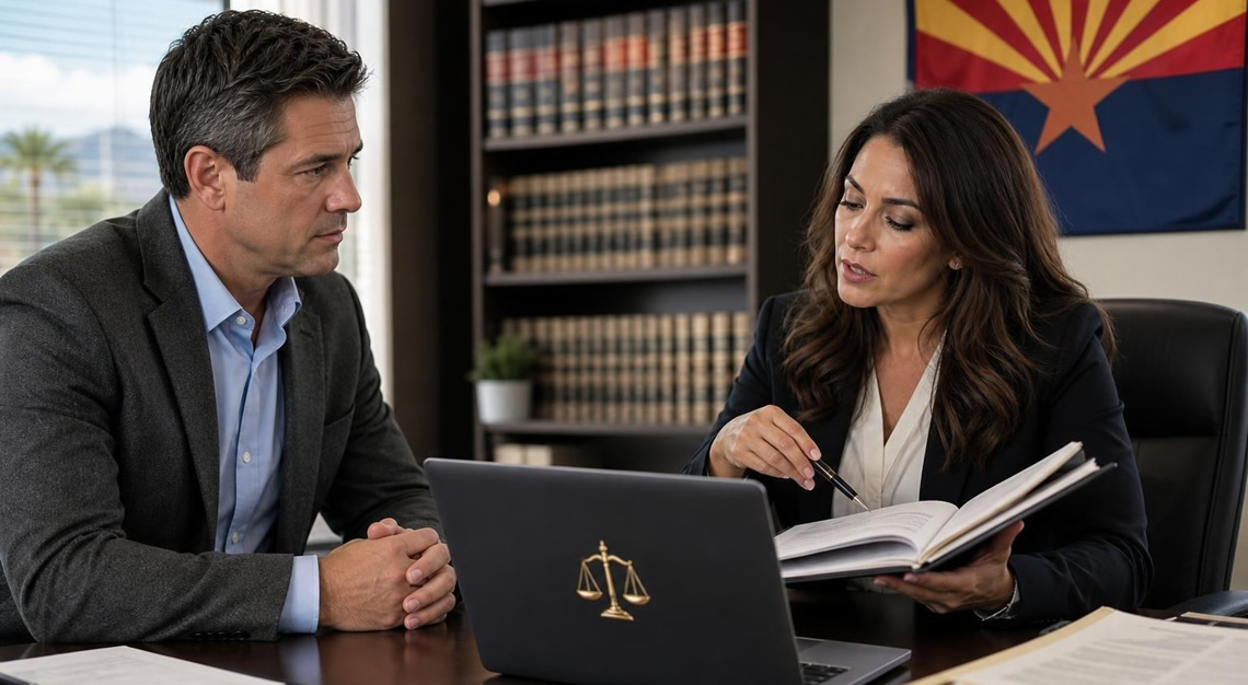 A man and a female attorney discussing legal documents in a law office with Arizona state symbols visible.