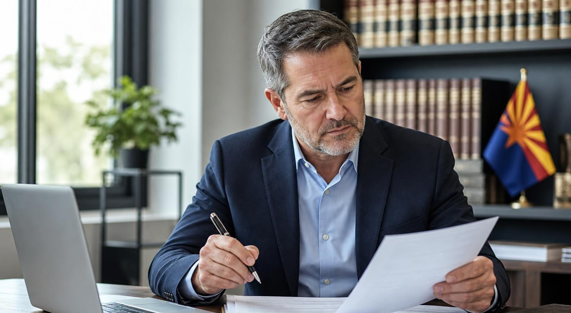 A man sitting at a desk reviewing legal documents in an office with law books and an Arizona state flag in the background.