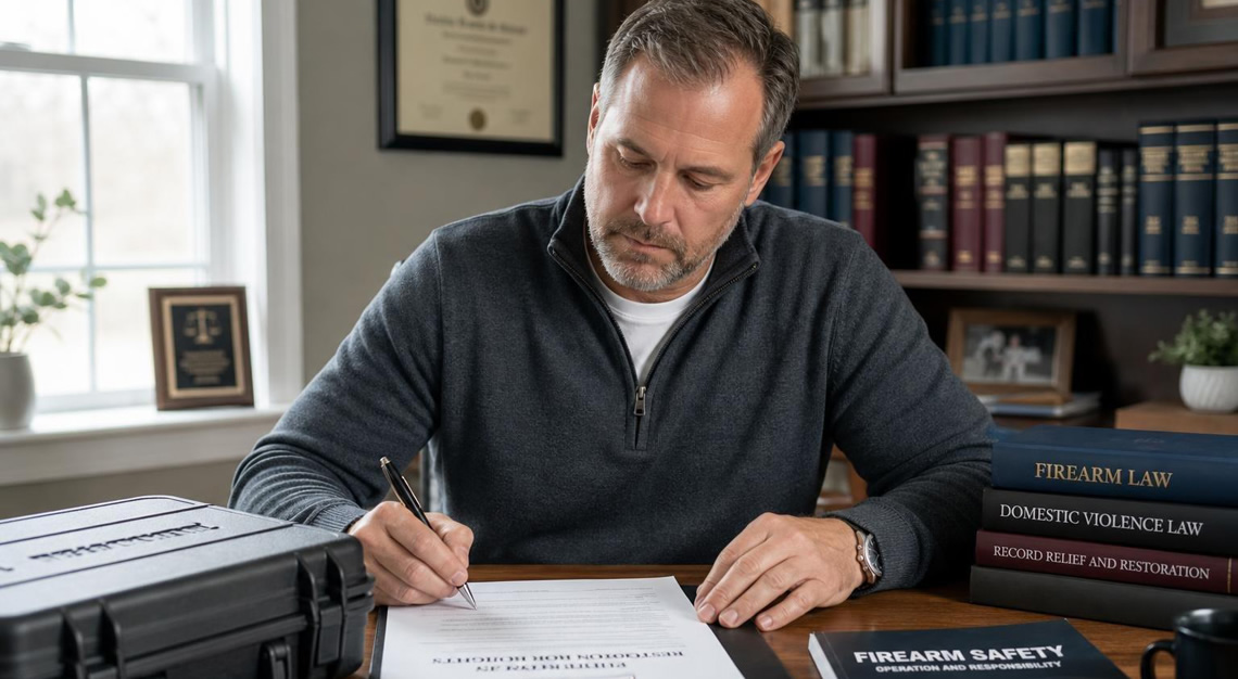 A person sitting at a desk with legal documents and a closed handgun case, appearing thoughtful and focused in a home office setting.