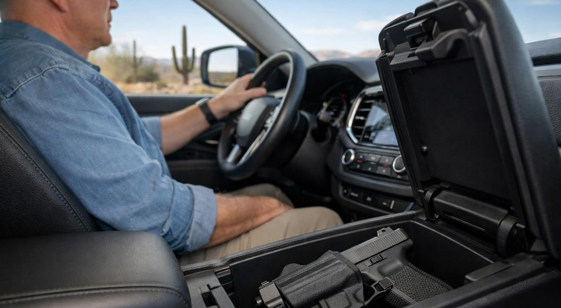Interior of a car with a securely holstered handgun inside, a middle-aged driver behind the wheel, and an Arizona desert landscape visible through the window.