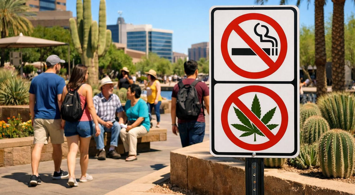 People walking and sitting in a sunny outdoor plaza in Arizona with desert plants and city buildings in the background, showing a public area where smoking is not allowed.