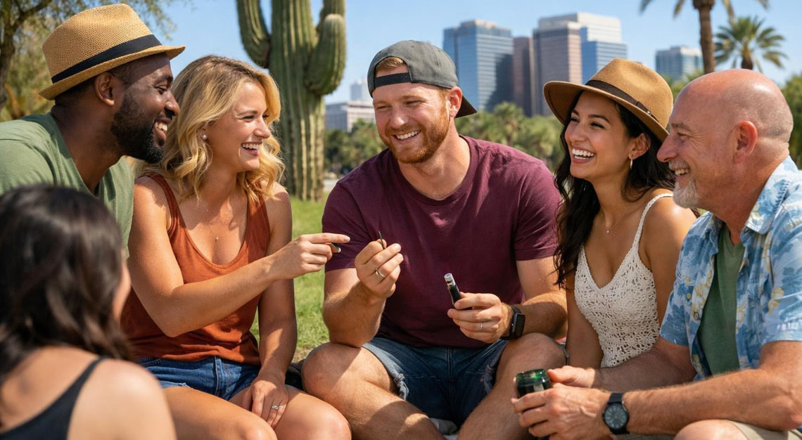 A group of adults socializing outdoors in an Arizona park with desert plants and city buildings in the background.