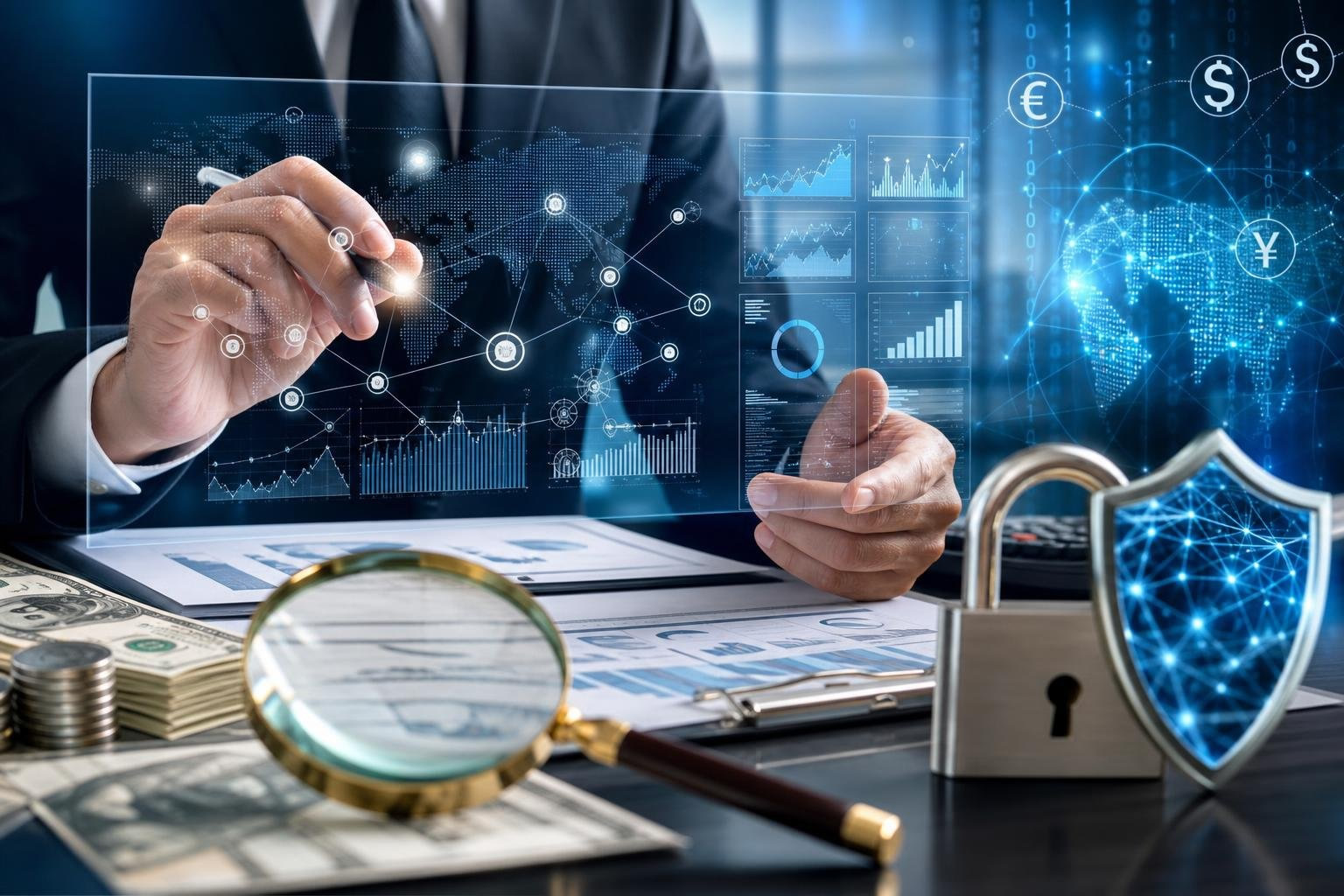 Hands analyzing financial data on a transparent screen with charts, magnifying glass, and security icons in a modern office setting.