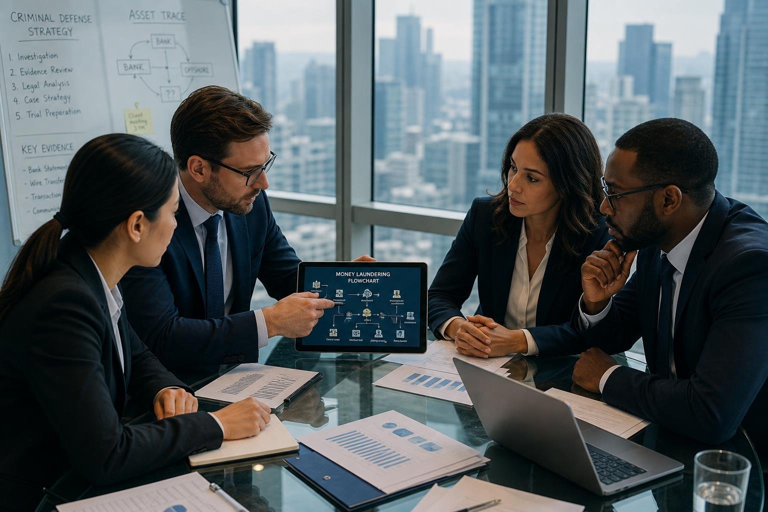 A group of lawyers and financial experts discussing documents and digital charts in a modern office.