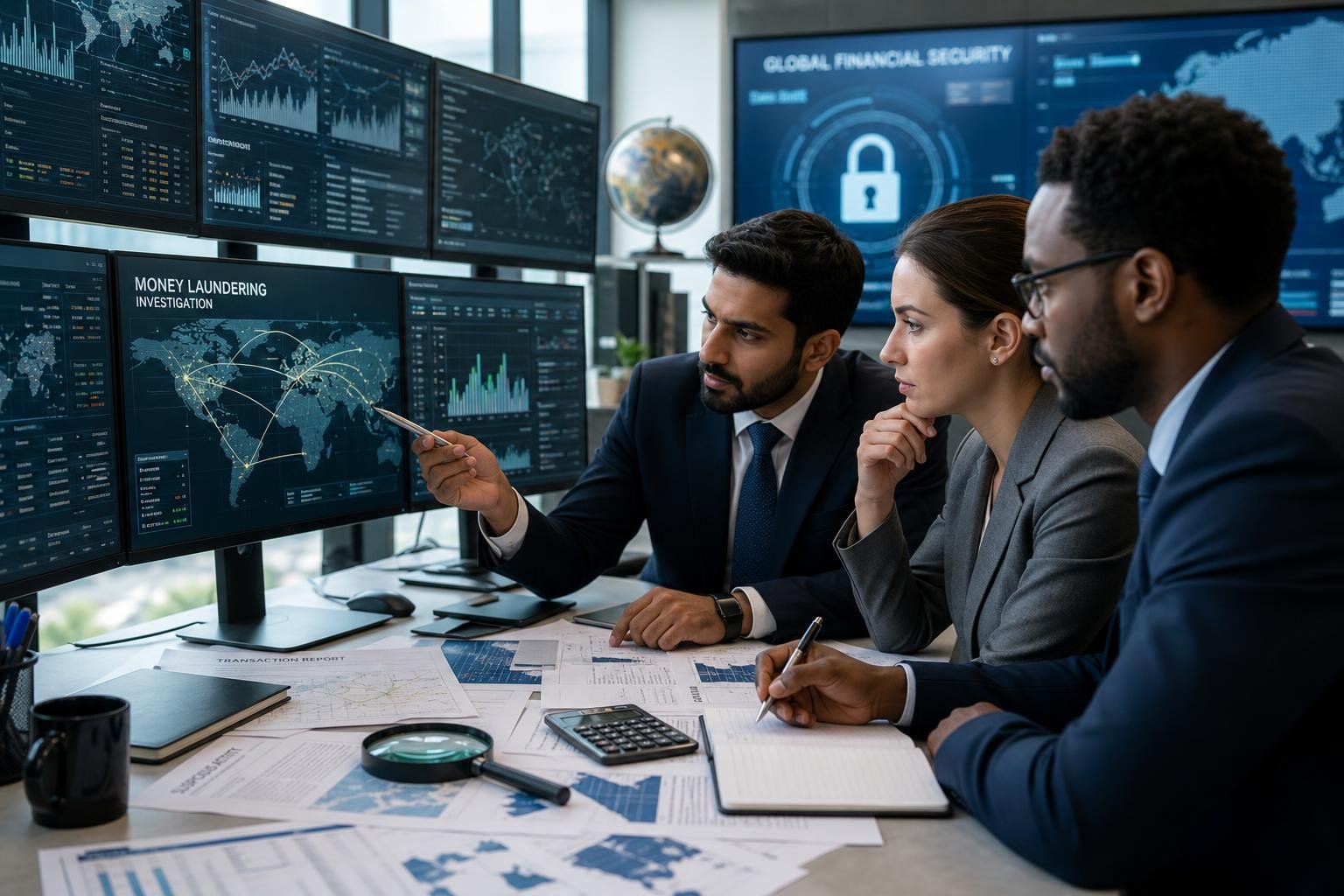 Business professionals in an office analyzing financial data on computer screens with documents and a magnifying glass on the desk.
