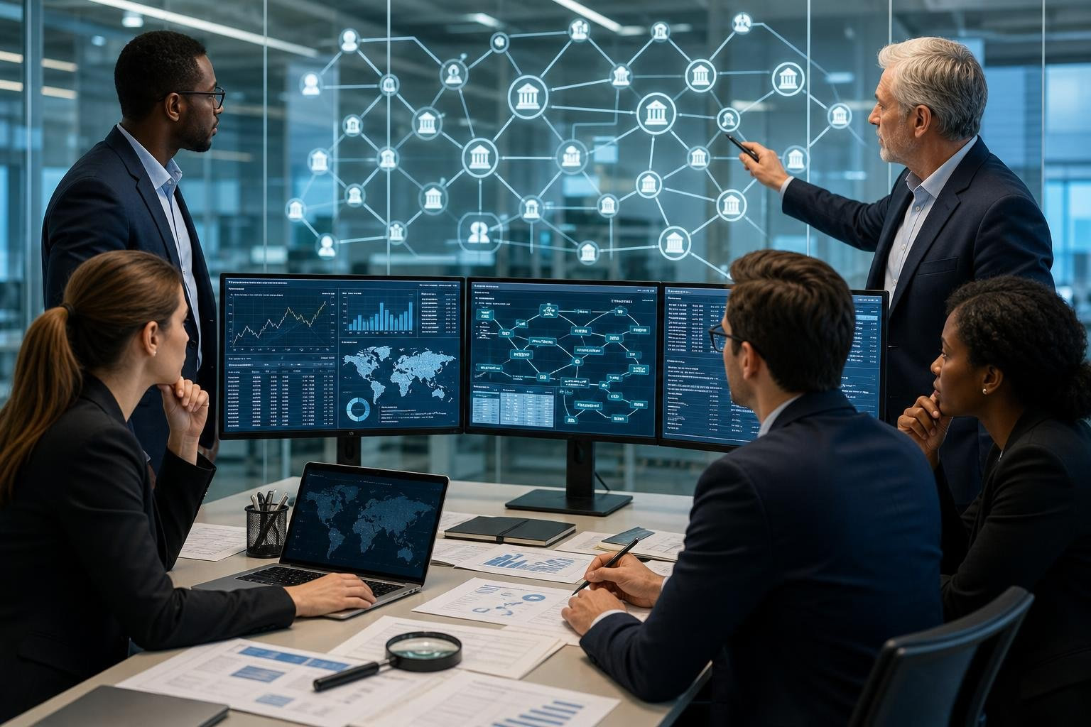 A group of financial professionals analyzing data on computer screens and documents to trace money flows and prevent financial crime in a modern office.