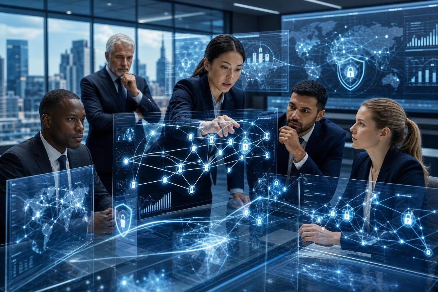 Financial professionals analyzing digital data screens in a modern office, tracing money flow and security measures.