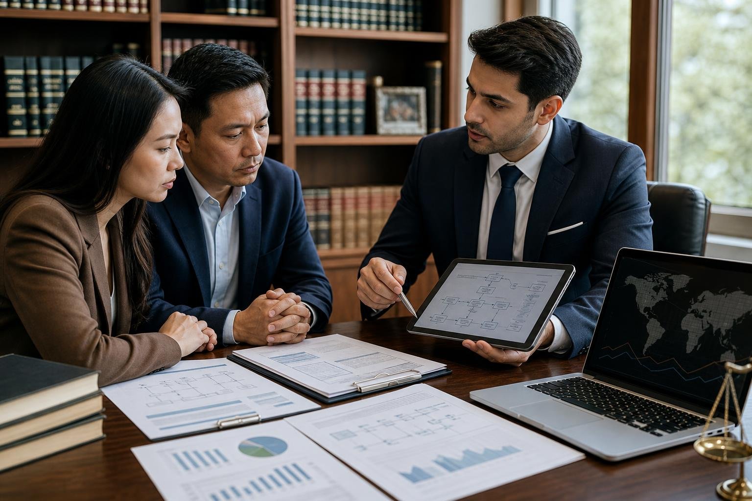 A lawyer explaining financial documents to clients in a modern office with charts and reports on the desk.