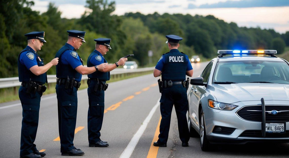 A car pulled over on the side of the road, with police officers conducting a field sobriety test on the driver