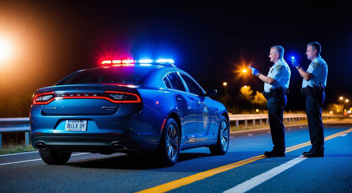 A car pulled over on the side of the road at night with flashing police lights and an officer administering a field sobriety test