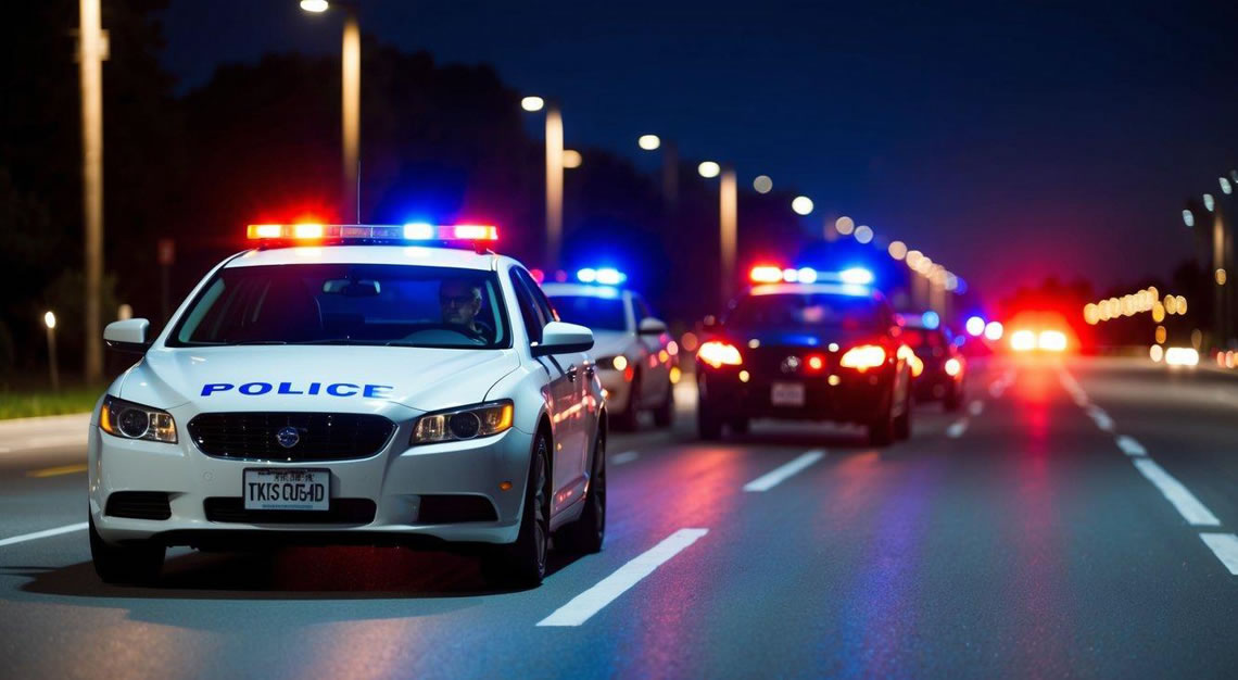 A car pulled over by police with flashing lights at night