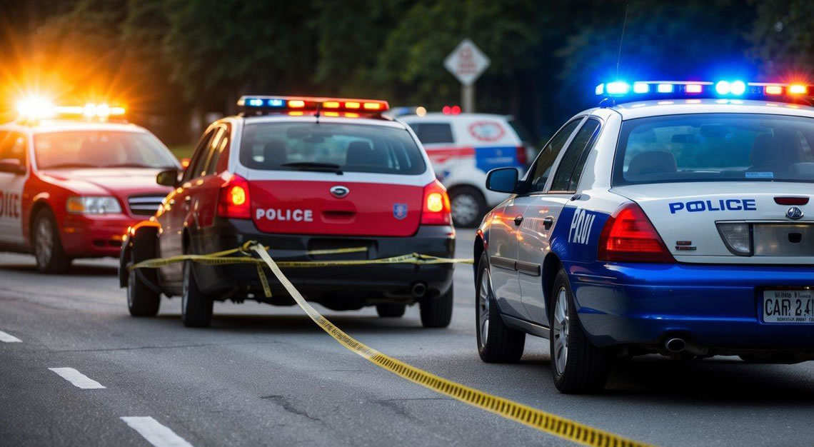 A car being towed away with a red and blue police car in the background, surrounded by flashing lights and caution tape