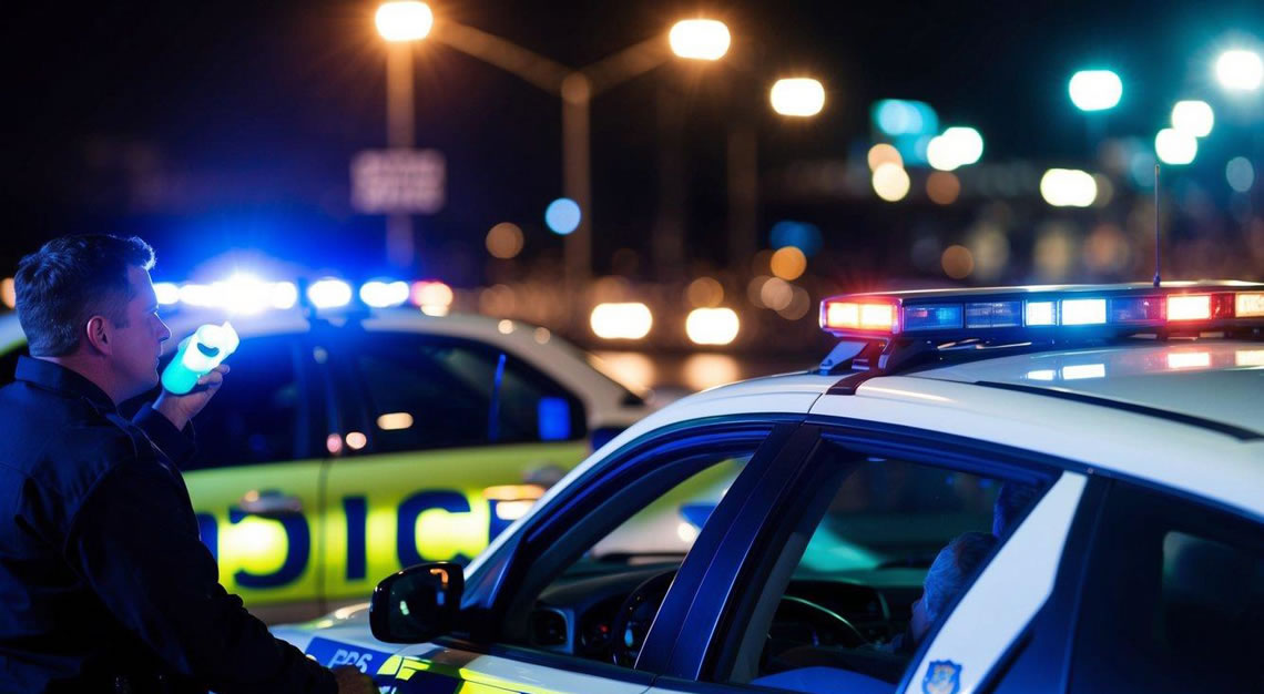 A driver being pulled over by a police car at night, with flashing lights and a breathalyzer test being administered