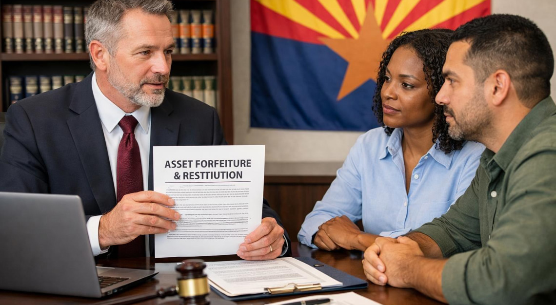 A lawyer and client discussing legal documents in an office with an Arizona state flag in the background.