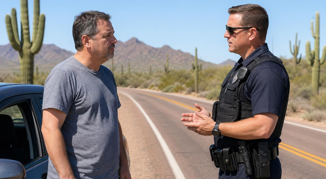A police officer talks respectfully with a driver during a traffic stop on a sunny Arizona road with desert scenery.