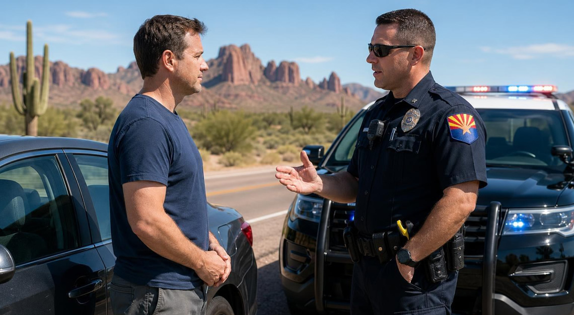A police officer in Arizona talks calmly with a motorist during a traffic stop on a sunny desert highway.