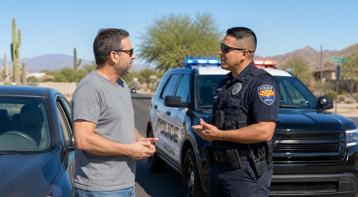 A police officer talking calmly with a civilian during a traffic stop on a sunny Arizona road with desert plants in the background.