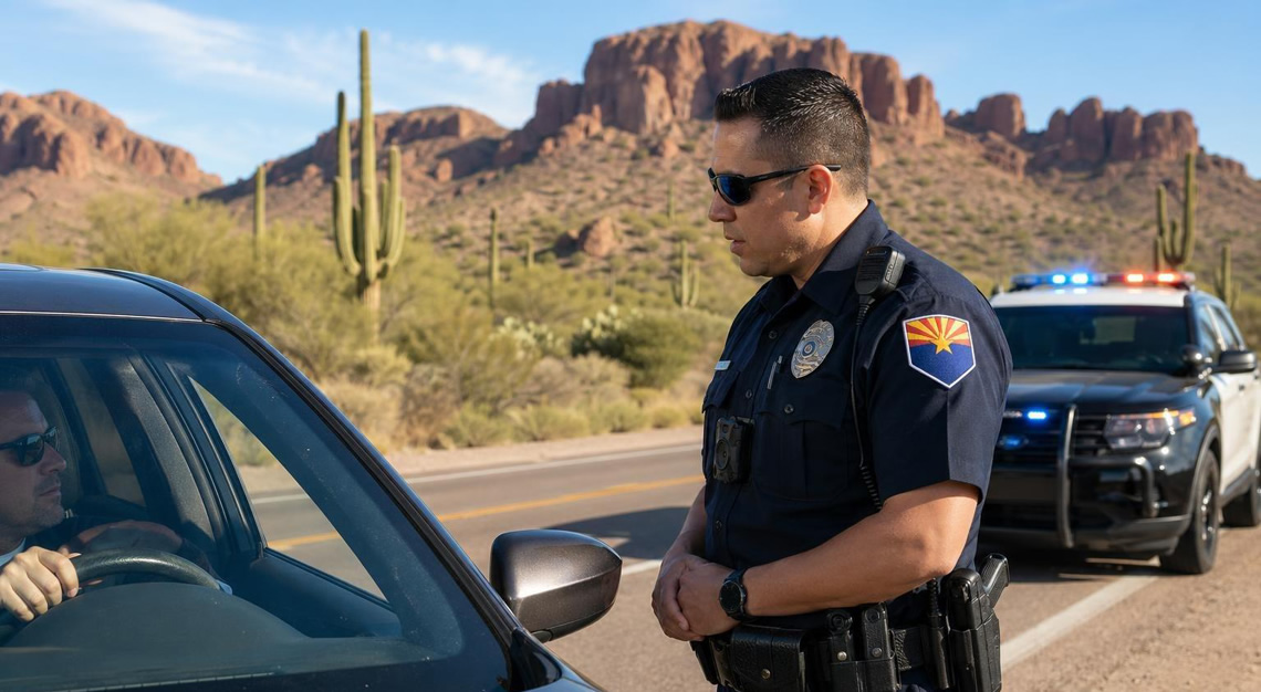 A police officer speaking with a driver during a traffic stop on a desert road in Arizona.