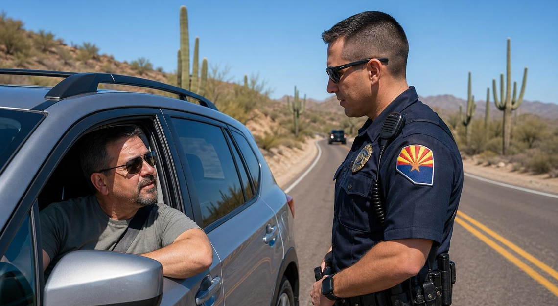 A police officer in Arizona uniform talks calmly with a driver during a traffic stop on a sunny desert road.