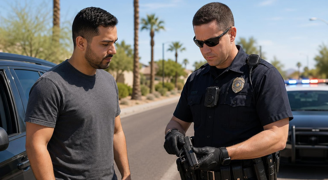 A police officer safely holding a firearm during a traffic stop while talking to a calm civilian beside a police car on a sunny Arizona road.