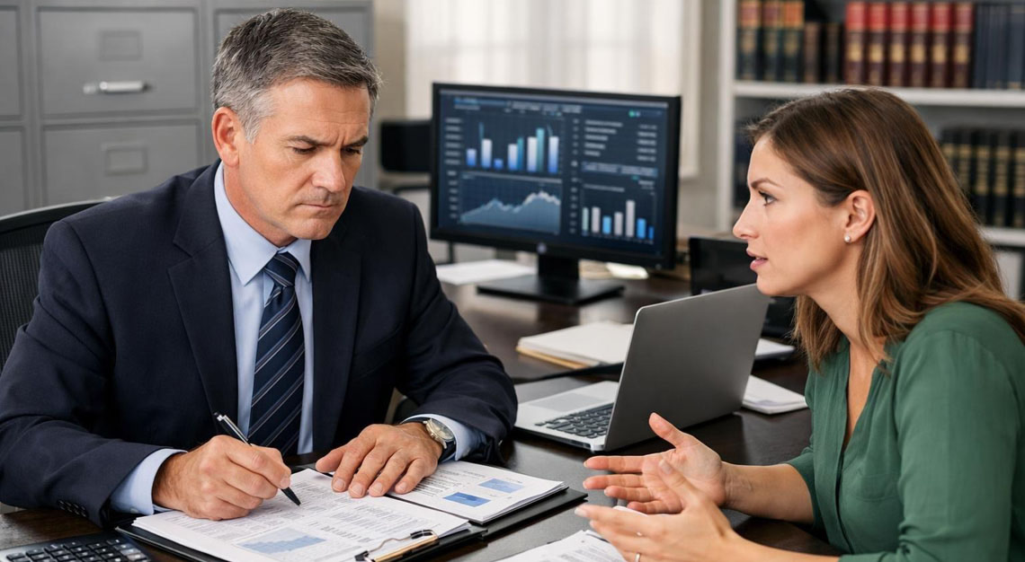An IRS investigator reviews financial documents with a concerned taxpayer in an office setting.