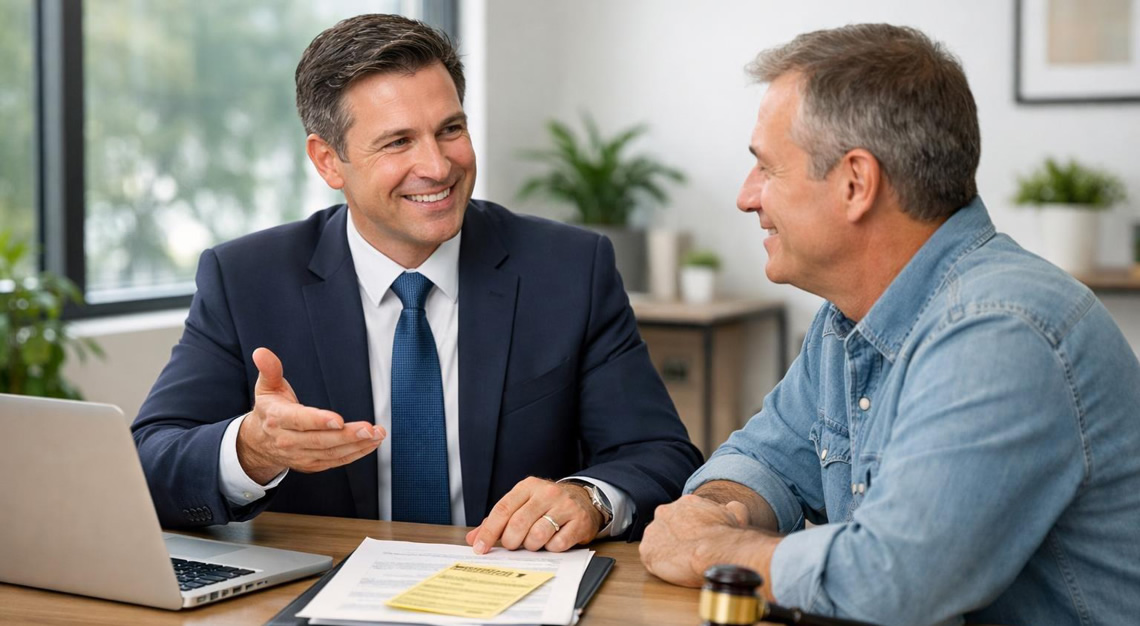 A lawyer speaking with a driver in an office, discussing legal documents related to traffic tickets.