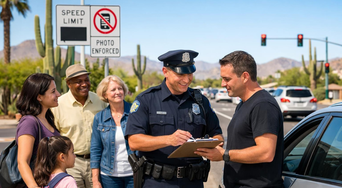 A traffic officer talks calmly with a driver beside a car on a sunny Arizona street with desert plants in the background.
