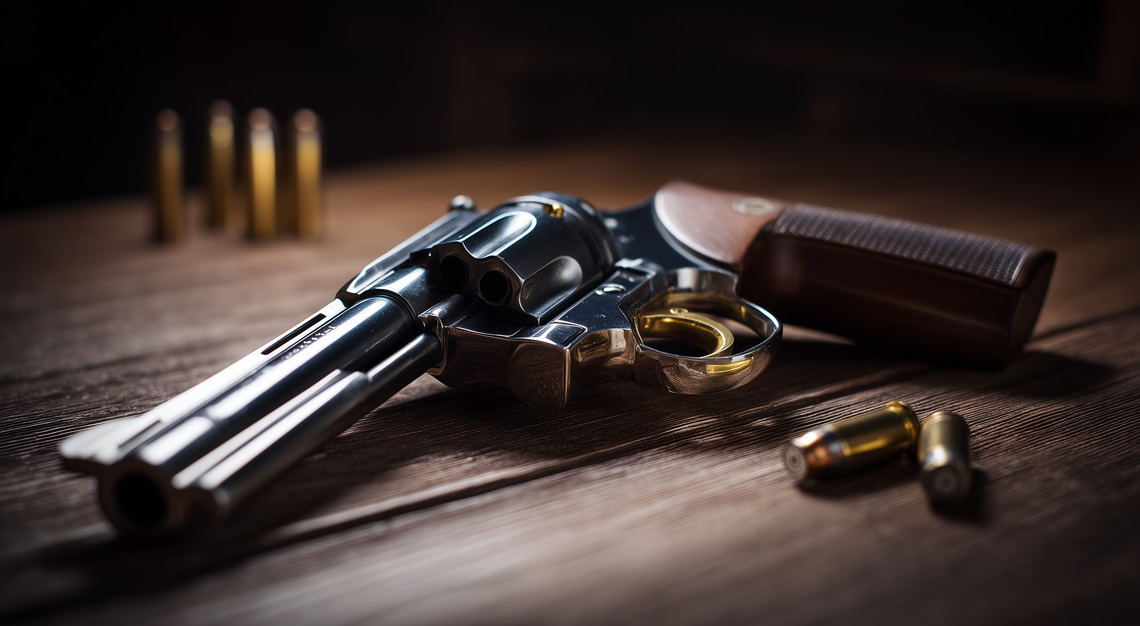 gun on table with bullets