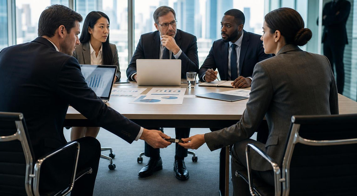 Business professionals in a modern office discussing documents and laptops around a conference table with a city skyline visible through a large window.