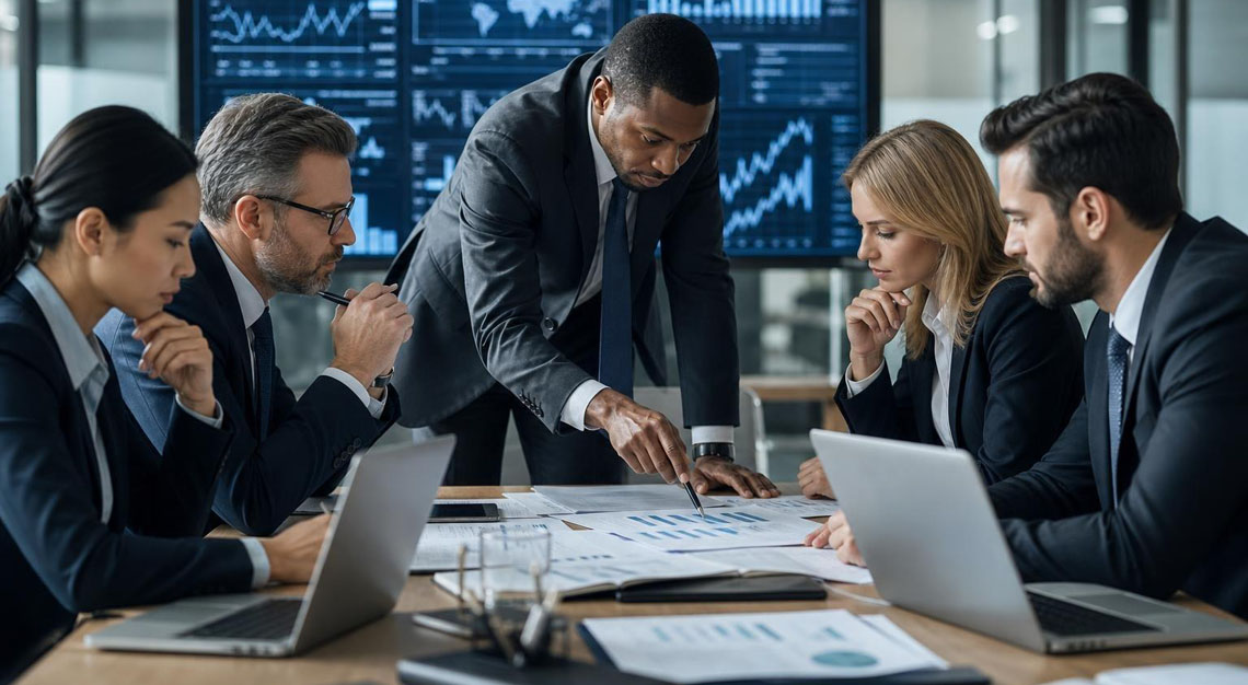 Business professionals in formal attire having a serious discussion around a conference table with laptops and financial documents in a modern office.
