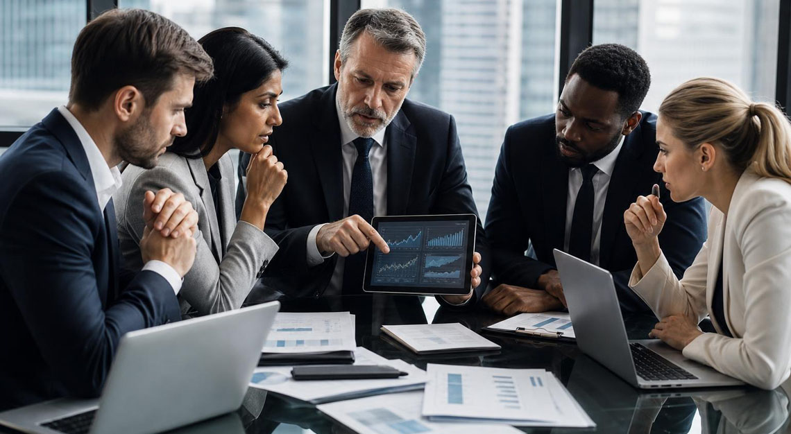 Business professionals in an office discussing documents and data related to financial crime investigation.