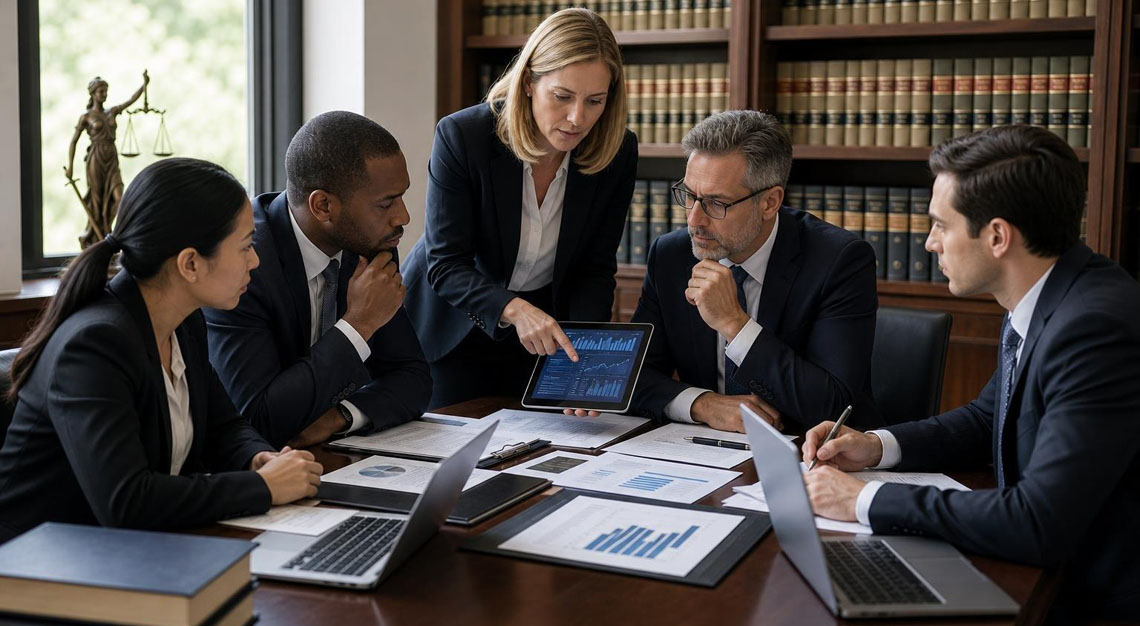 A group of professionals in a law office discussing documents and financial data around a conference table.